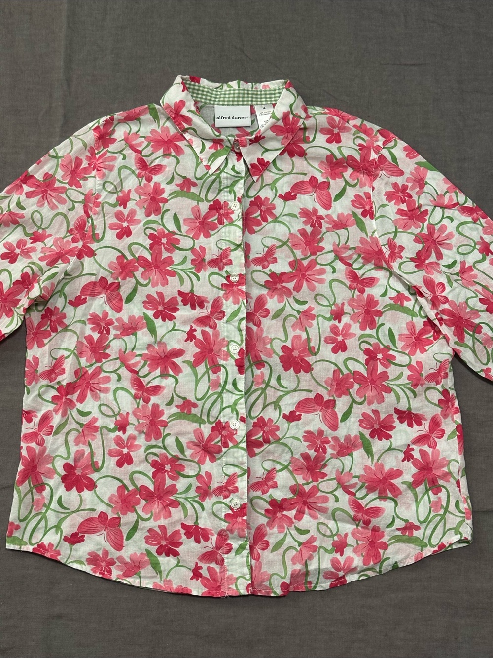 Alfred Dunner Pink Floral Button-Up Shirt with Green Vines